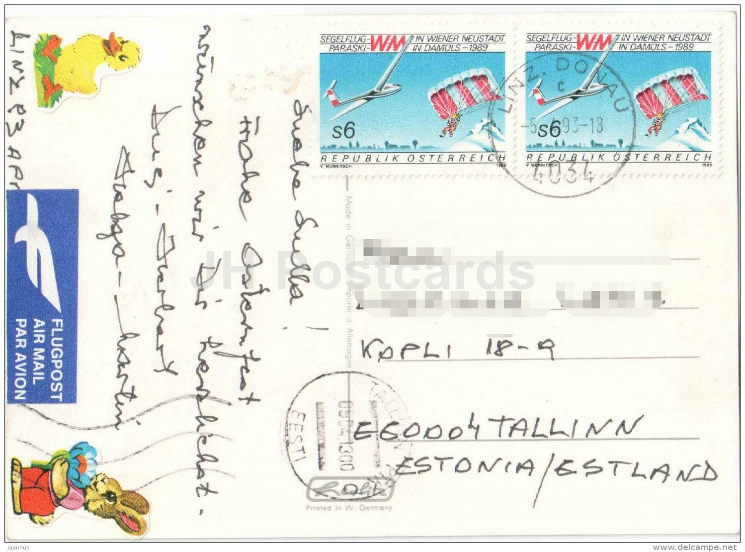 Easter greeting card - Ein frohes Osterfest - eggs - basket - Par Avion - Segelflug - sent from Austria to Estonia 1993 - JH Postcards
