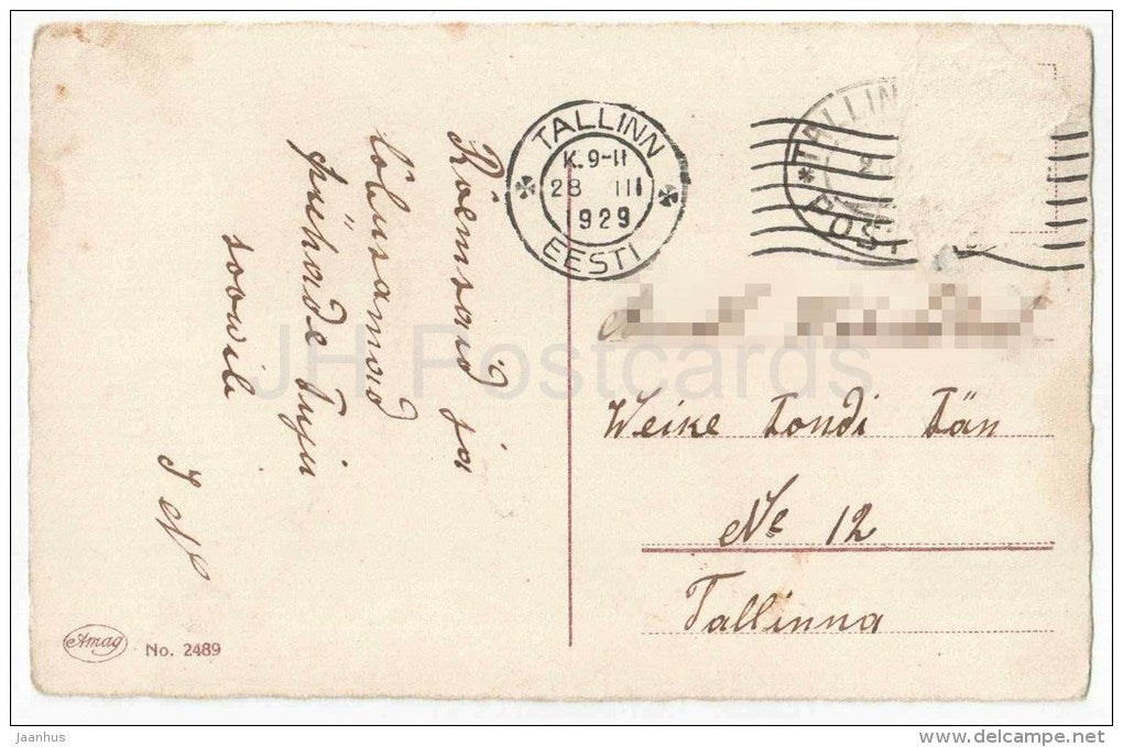 Easter Greeting Card - egg - hare - rabbit - chicken - narcissus - Amag 2489 - circulated in Estonia Tallinn 1929 - JH Postcards