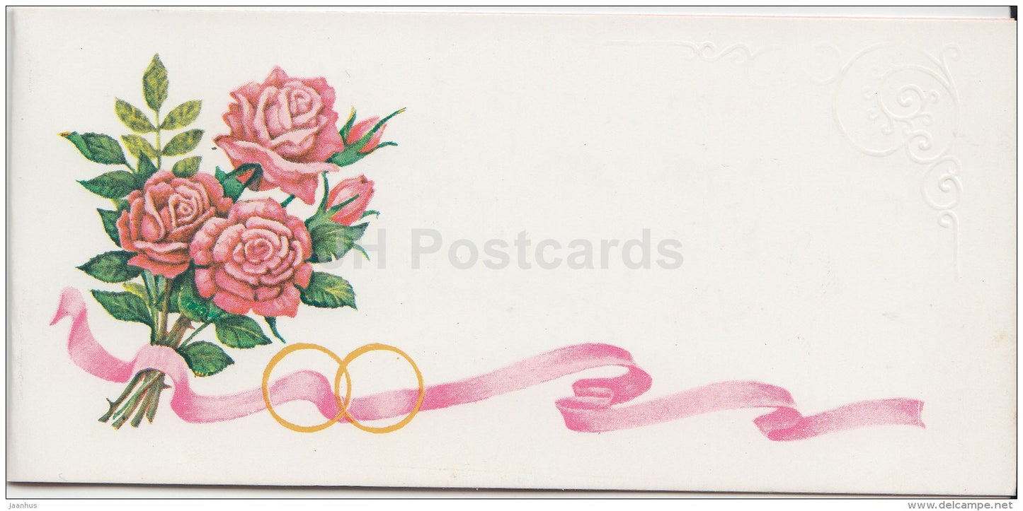 Wedding Day mini greeting card by V. Rodionov - red roses - rings - 1986 - Russia USSR - unused - JH Postcards
