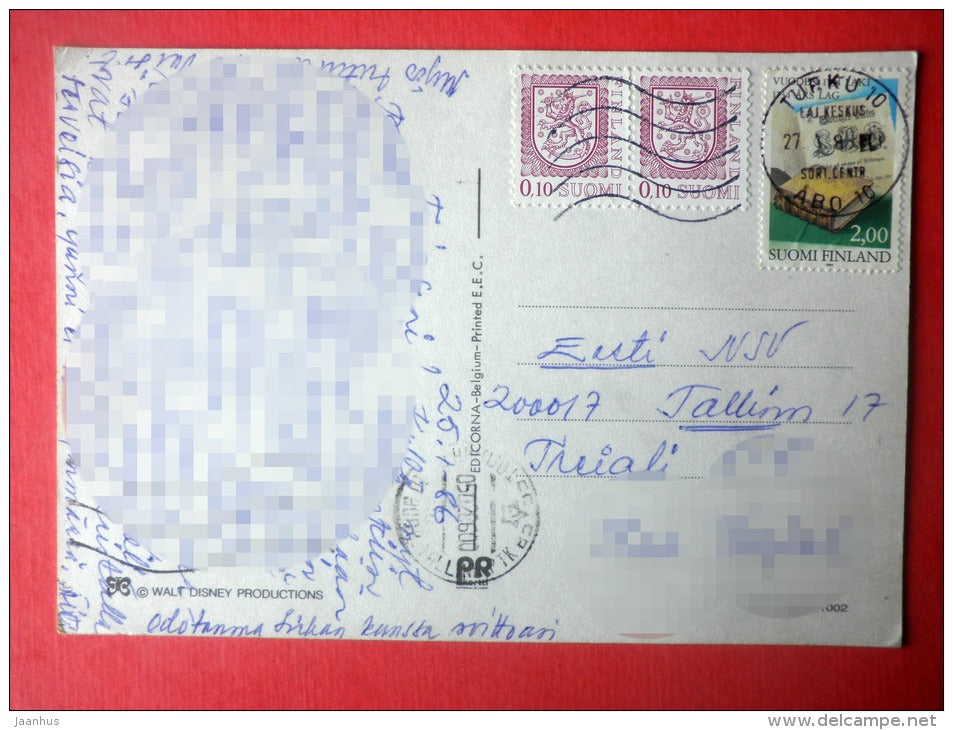 illustration by Walt Disney - cartoon - telephone - duck - Finland - sent from Finland Turku to Estonia USSR 1986 - JH Postcards