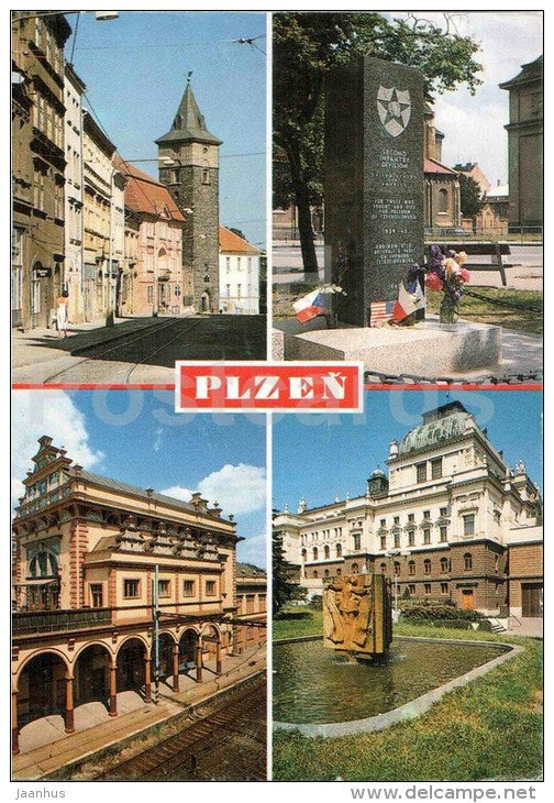 Plzen - Water tower - Chodske Square - 2nd Infantry Division US monument - theatre - Czechoslovakia - Czech - used 1991 - JH Postcards