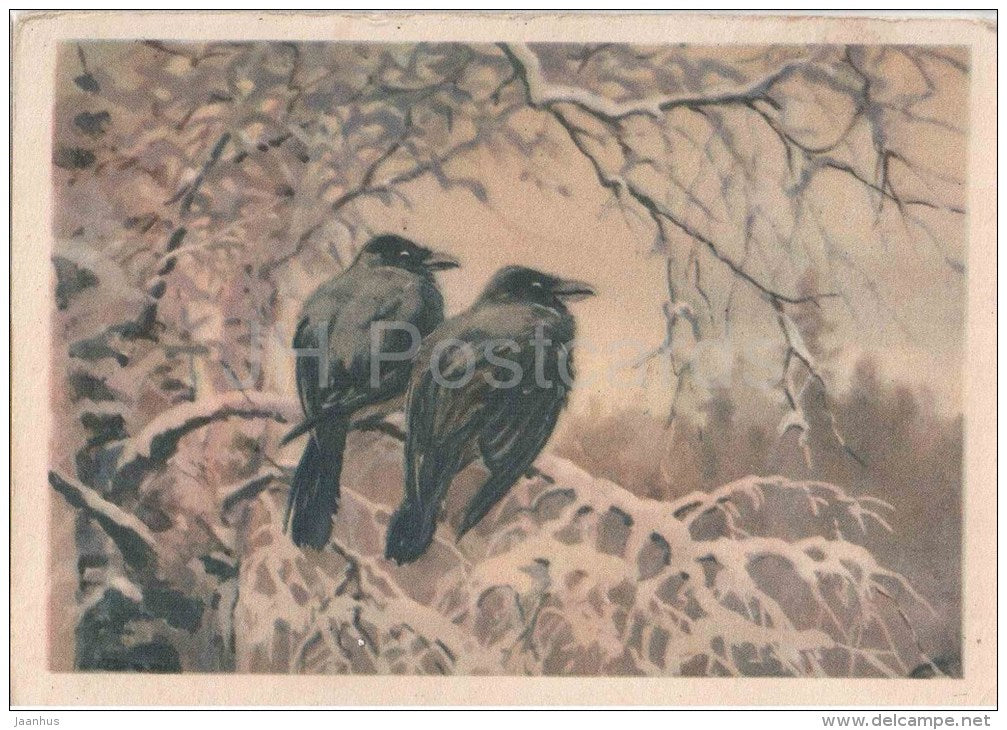 illustration by V. Trofimov - Ravens - birds - winter - russian art - unused - JH Postcards