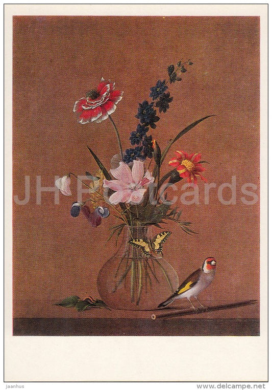 painting by F. Tosltoy - Flowers Bouquet , butterfly and bird - Still Life - Russian art - Russia USSR - 1981 - unused - JH Postcards