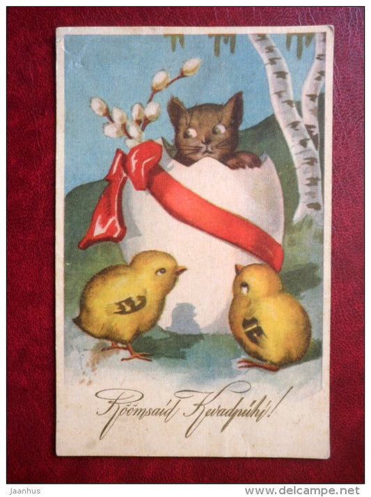 Easter Greeting Card - cat - chicken - birch trees - RTK 564 - 1920s-1930s - Estonia - used - JH Postcards