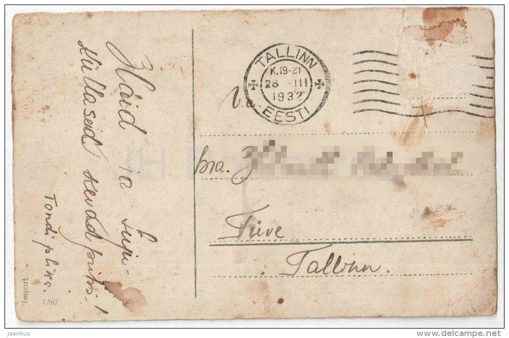 Easter Greeting Card - eggs - chicken - flowers - tulip - 1267 - circulated in Estonia Tallinn 1932 - JH Postcards