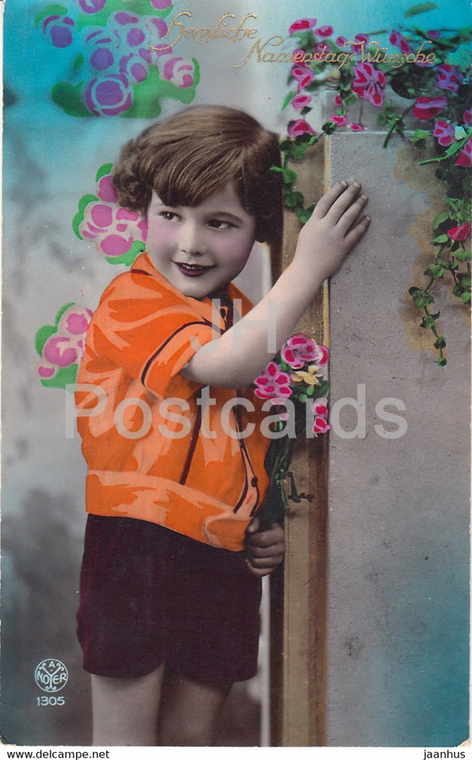 Greeting Card - Herzliche Namenstag Wunsche - boy - NOYER 1305 - old postcard - France - used - JH Postcards