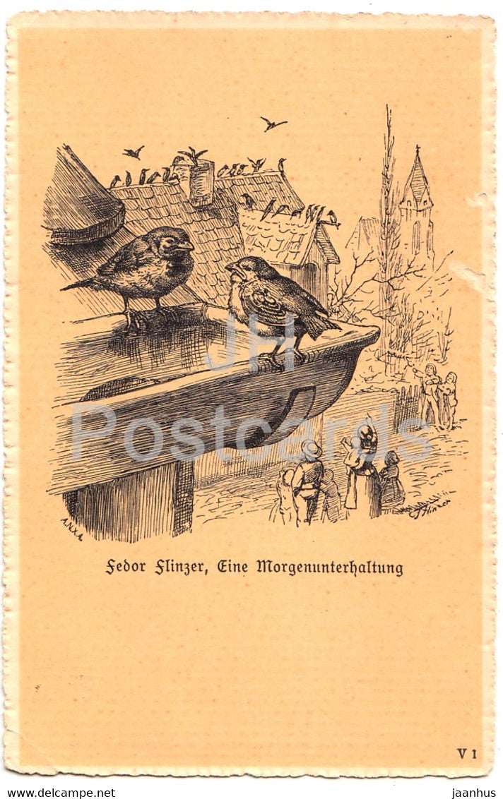 Fedor Flinzer - Eine Morgenunterhaltung - birds - Hegel & Schade - illustration - old postcard - 1916 - Germany - used - JH Postcards