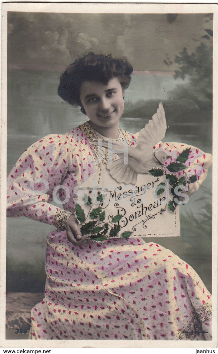 woman - Messager to Bonheur - dove - birds - 643 - old postcard - France - 1908 - used - JH Postcards