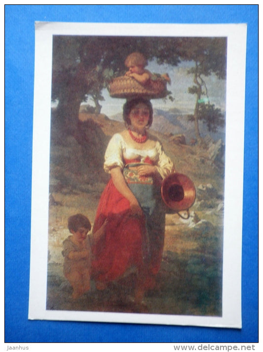 painting by J. Köler - Italian woman with the children at the Brook , 1862 - estonian art - unused - JH Postcards
