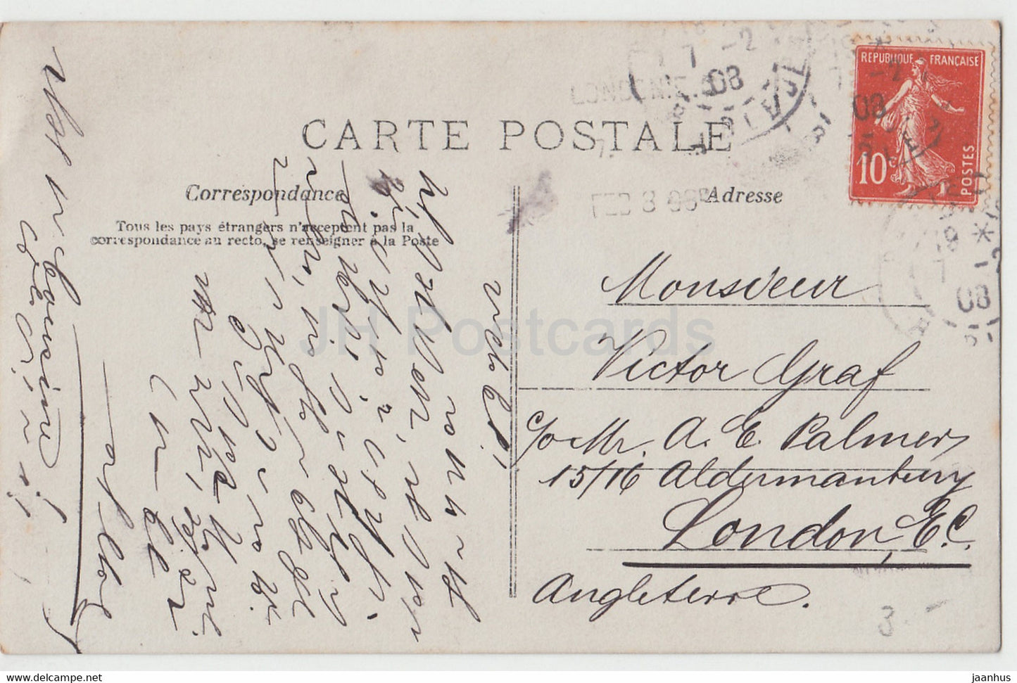 Frau – Botschafterin an Bonheur – Taube – Vögel – 643 – alte Postkarte – Frankreich – 1908 – gebraucht