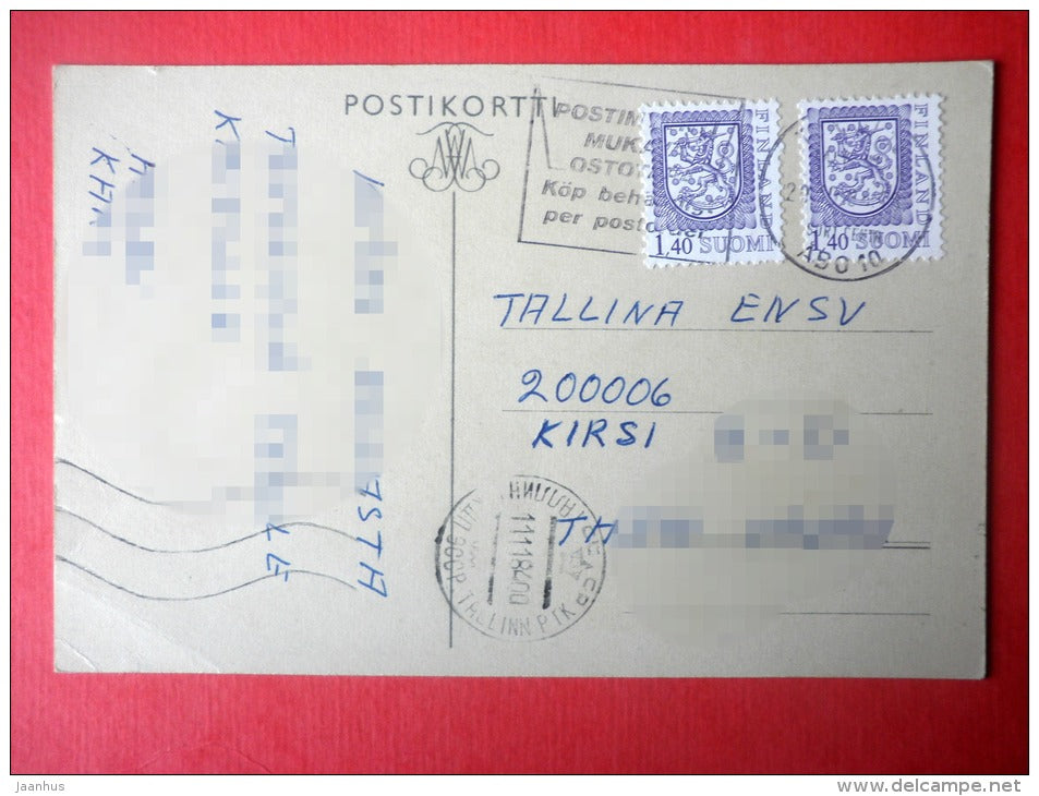 illustration by Soisalo - man and woman loving - Finland - sent from Finland to Estonia USSR 1984 - JH Postcards