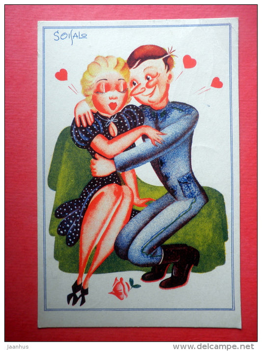 illustration by Soisalo - man and woman loving - Finland - sent from Finland to Estonia USSR 1984 - JH Postcards