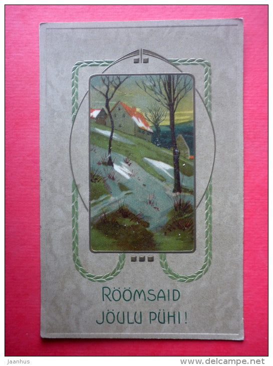 christmas greeting card - house - art nouveau - PP - old postcard - circulated in Imperial Russia Estonia 1910s - JH Postcards