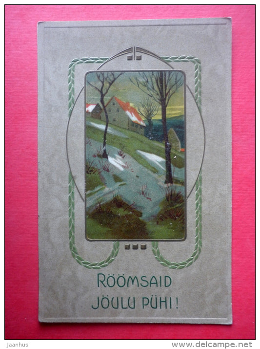 christmas greeting card - house - art nouveau - PP - old postcard - circulated in Imperial Russia Estonia 1910s - JH Postcards