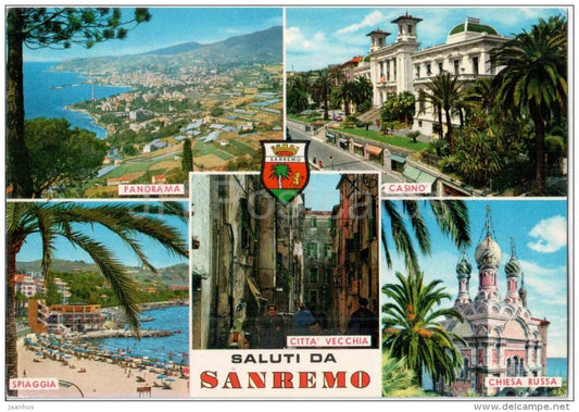 panorama , casino , spiaggia , chiesa - Riviera dei Fiori - Saluti da San Remo - Liguria - 2140 - Italia - Italy - used - JH Postcards