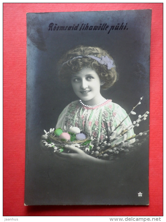 easter greeting card - eggs - catkins - woman - KB - circulated in Imperial Russia Estonia Hapsal 1914 - JH Postcards