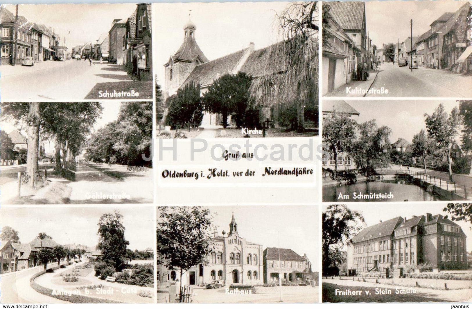 Gruss aus Oldenburg i Holst vor der Nordlandfahre - Schuhstrasse - Kirche - Rathaus - old postcard - Germany - unused - JH Postcards
