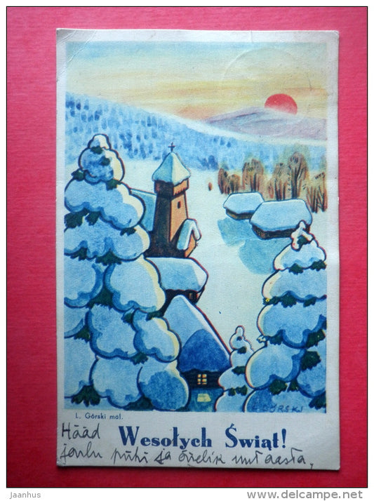 christmas greeting card - church - winter view by L. Gorski - sent from Poland Königsberg to Estonia Tallinn 1939 - JH Postcards