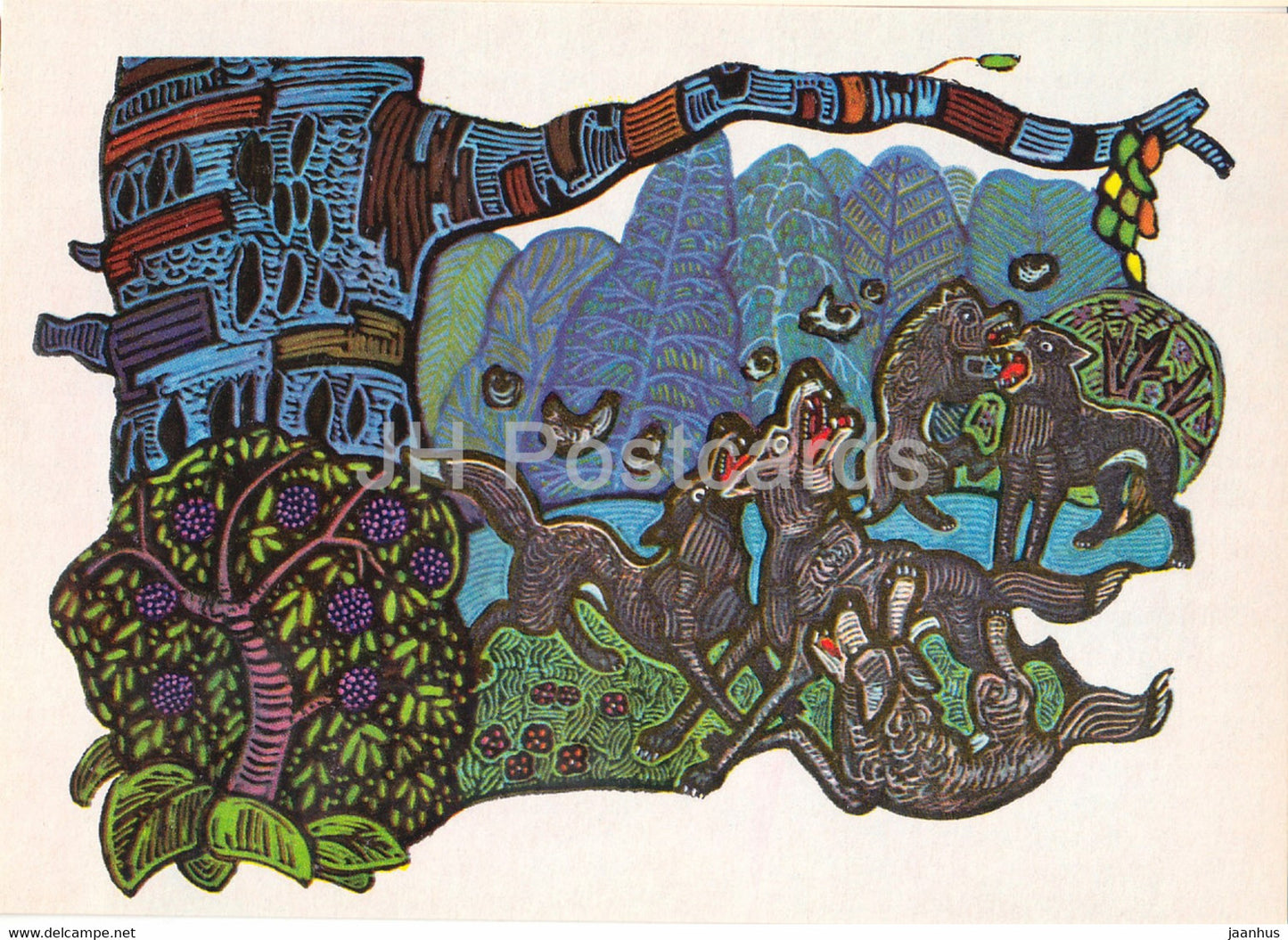 illustration by V. Ignatov - Girl with a spindle - wolves - Komi fairy tale - 1977 - Russia USSR - unused - JH Postcards