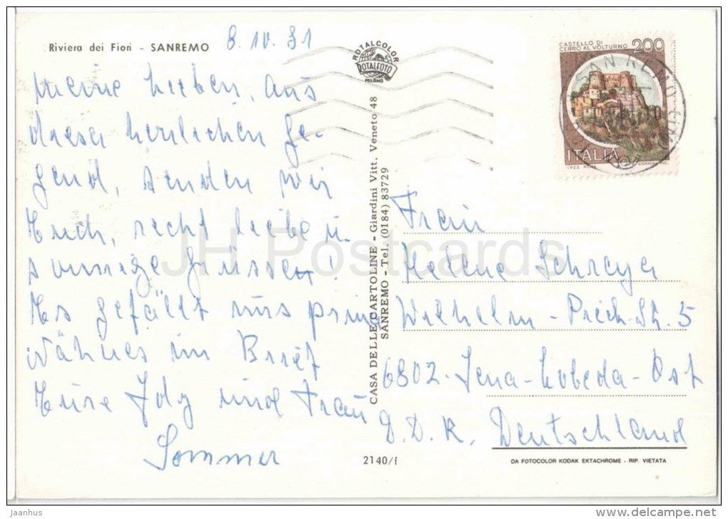 panorama , casino , spiaggia , chiesa - Riviera dei Fiori - Saluti da San Remo - Liguria - 2140 - Italia - Italy - used - JH Postcards