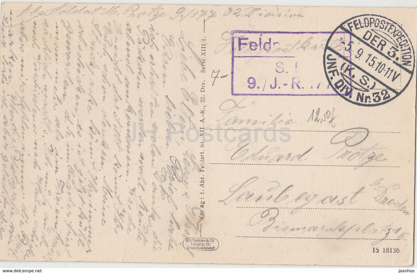 1 Abt Feldart 64 XII AK 32 Div. - Serie XIII - Feldpost - alte Postkarte - 1915 - gebraucht