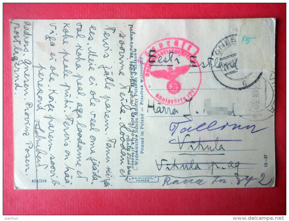 christmas greeting card - church - winter view by L. Gorski - sent from Poland Königsberg to Estonia Tallinn 1939 - JH Postcards