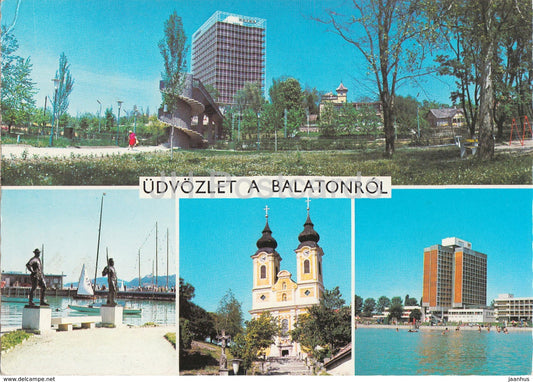 Greetings from lake Balaton - hotel - church - multiview - 1980 - Hungary - used - JH Postcards