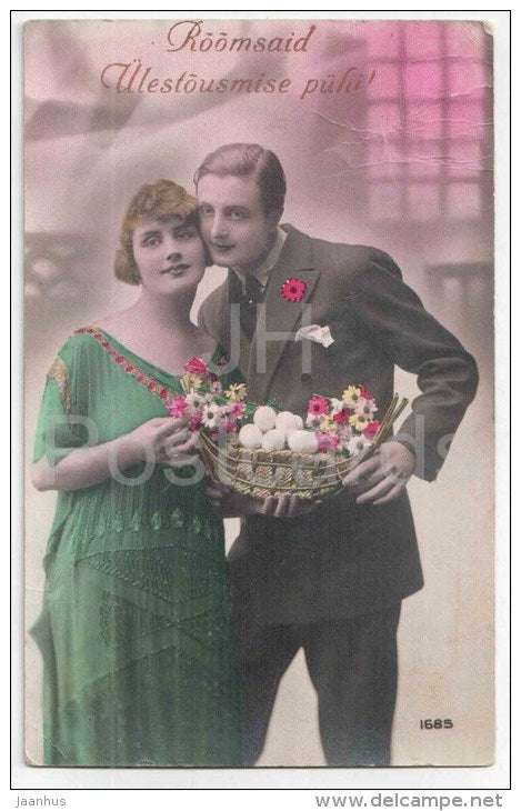 Easter Greeting Card - eggs - man and woman - flowers - couple - RIP 1685 - circulated in Estonia Tallinn 1930 - JH Postcards