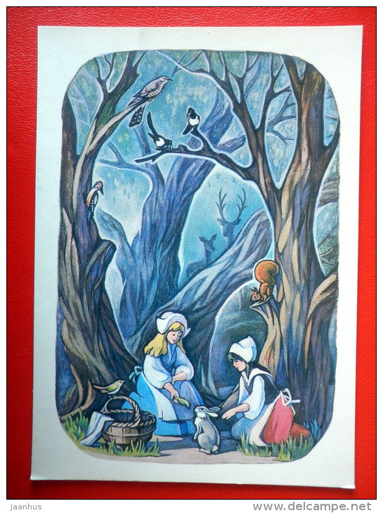illustration by T. Narskaya - hare - squirrel - Snow-White and Rose-Red by Grimm Brothers - 1985 - Russia USSR - unused - JH Postcards