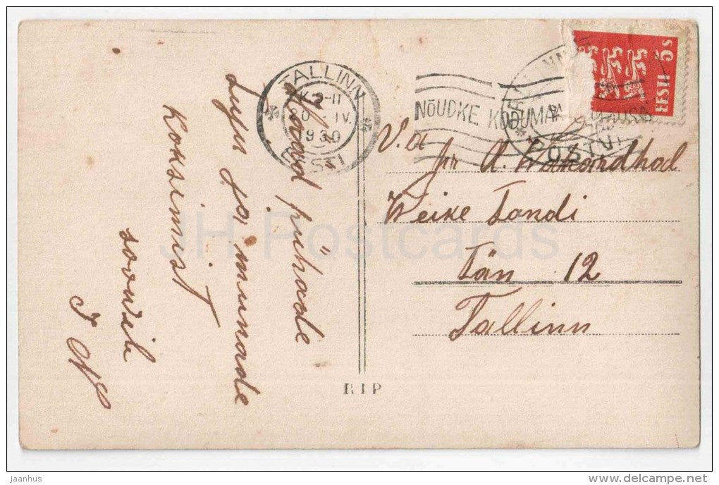 Easter Greeting Card - eggs - man and woman - flowers - couple - RIP 1685 - circulated in Estonia Tallinn 1930 - JH Postcards