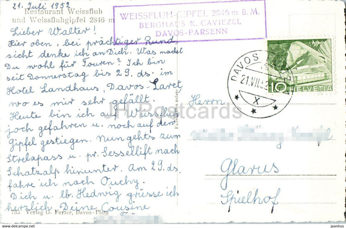 Restaurant Weissfluh und Weissfluhgipfel 2846 m - carte postale ancienne - 1952 - Suisse - utilisé