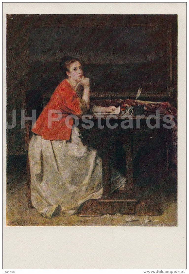 painting  by Florent Joseph Marie Willems - Letter Writing - woman - Belgian art - 1959 - Russia USSR - unused - JH Postcards