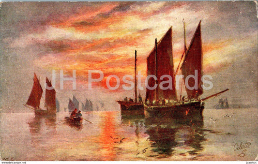 Fishing Smacks - boat - ship - Oilette - illustration - 8893 - old postcard - United Kingdom - unused - JH Postcards