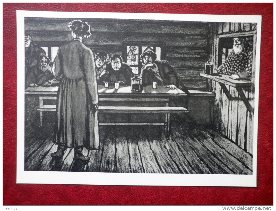 illustration for the story of Turgenev by M. Kustodiev - Inn , 1908 - russian art - unused - JH Postcards