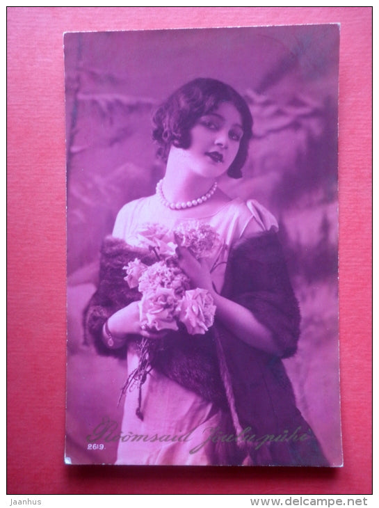 woman - lady - flowers - Lutece 2619 - circulated in Estonia Tallinn 1930 - JH Postcards