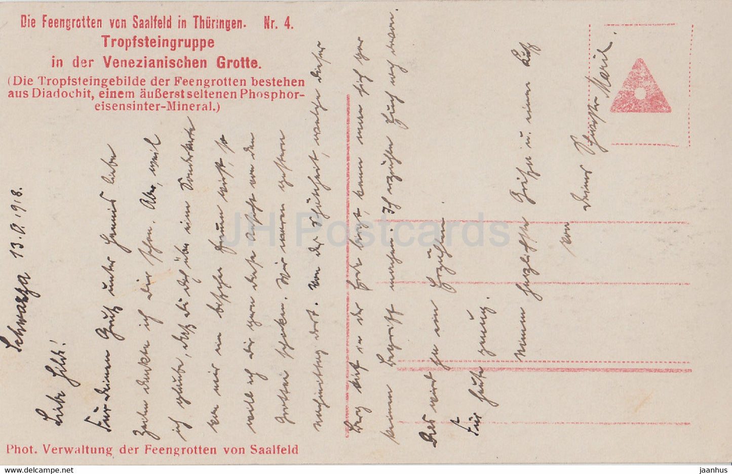 Die Feengrotten von Saalfeld à Thuringe - Tropfsteingruppe in der Venezianischen Grotte carte postale ancienne - Allemagne - utilisé
