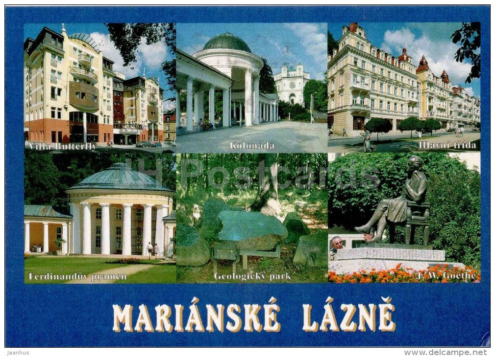 spa - villa Butterfly - colonnade - Goethe monument - geological park - Mariansle Lazne - Marienbad - Czech - used 2000 - JH Postcards