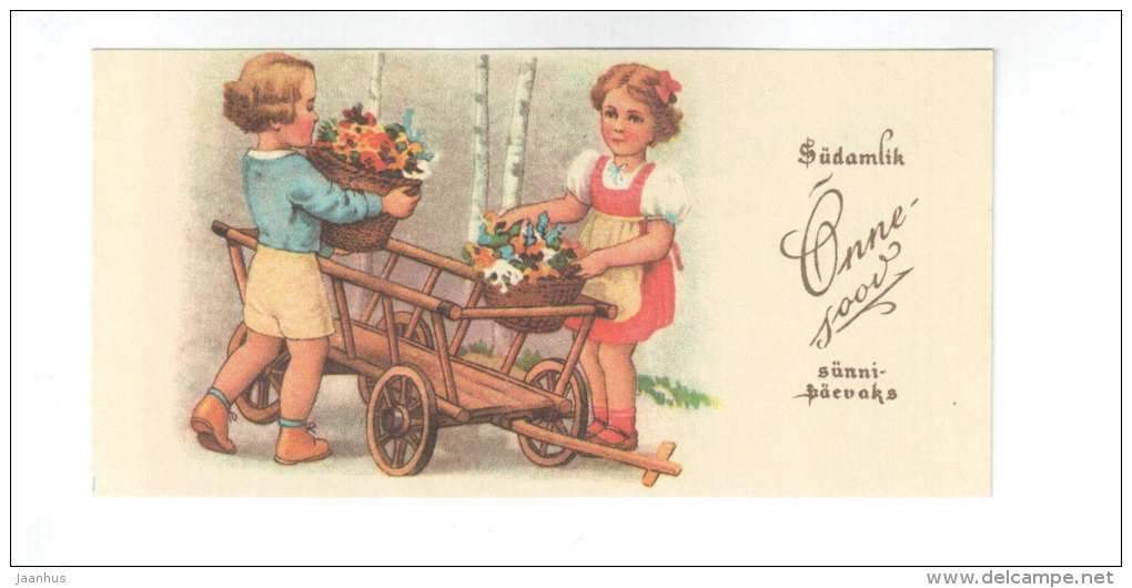 Birthday mini Greeting Card - rook - children - flower baskets - REPRODUCTION ! - 1992 - Estonia USSR - used - JH Postcards