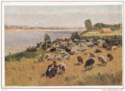painting by M. Abdullaev - Expanse - sheep - lamb - shepherd - azerbaijan art - unused - JH Postcards