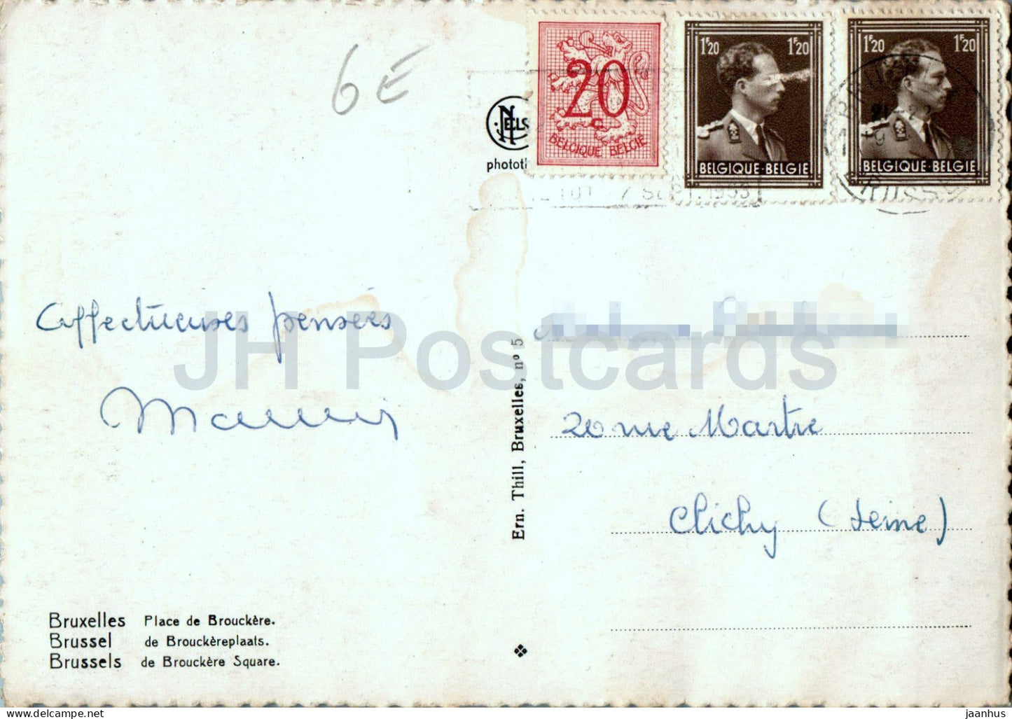 Bruxelles - Brüssel - Place de Brouckere - Platz - Straßenbahn - alte Postkarte - 1953 - Belgien - gebraucht 