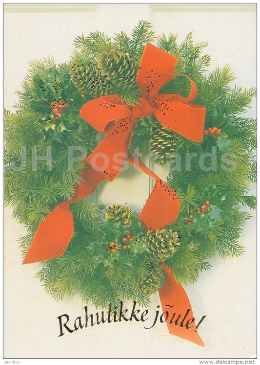 Christmas Greeting Card - decorations - fir cones - Estonia - used in 1990s - JH Postcards