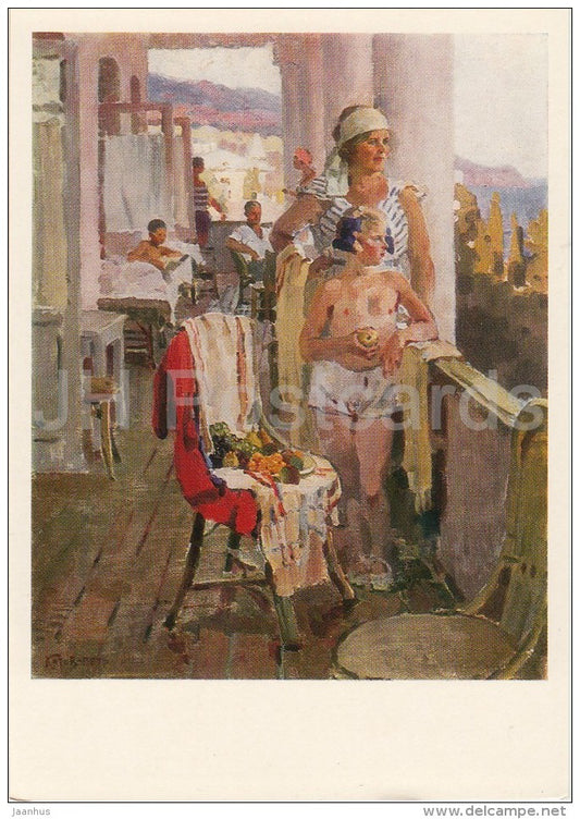 painting by P. Kotov - In the rest house . Alupka  , 1937 - Russian art - Russia USSR - 1982 - unused - JH Postcards