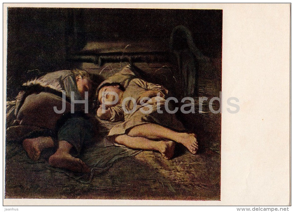 painting by V. Perov - Sleeping Children , 1870 - Russian art - 1953 - Russia USSR - unused - JH Postcards