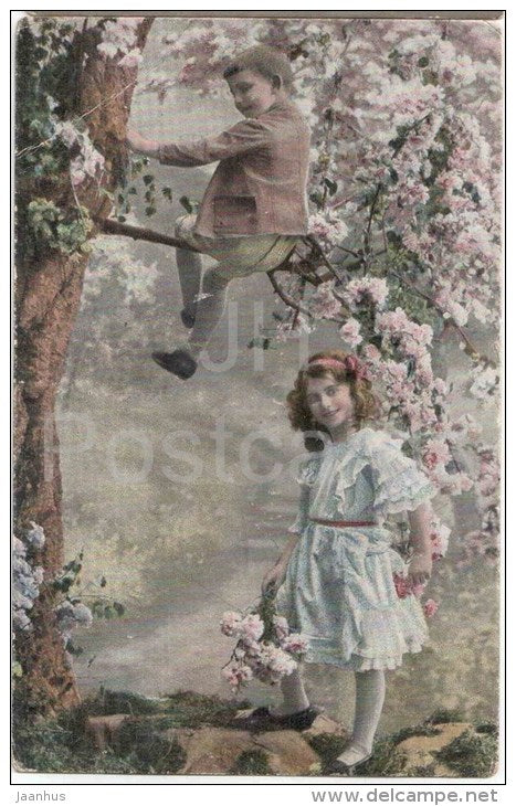 children - blooming tree - circulated in Imperial Russia Estonia 1900s - JH Postcards