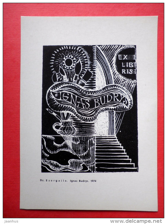 Ex Libris - Ignas Budrys - illustration by Dz. Ezergaile - brushes - stairs - 1975 - Latvia USSR - unused - JH Postcards