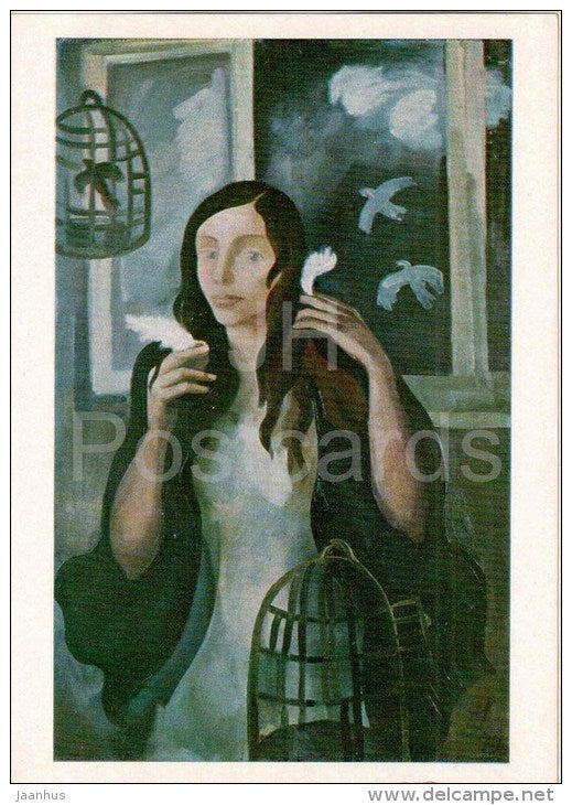 Painting by A. Lutere - Spring Outside , 1974 - birdcage - woman - latvian art - unused - JH Postcards