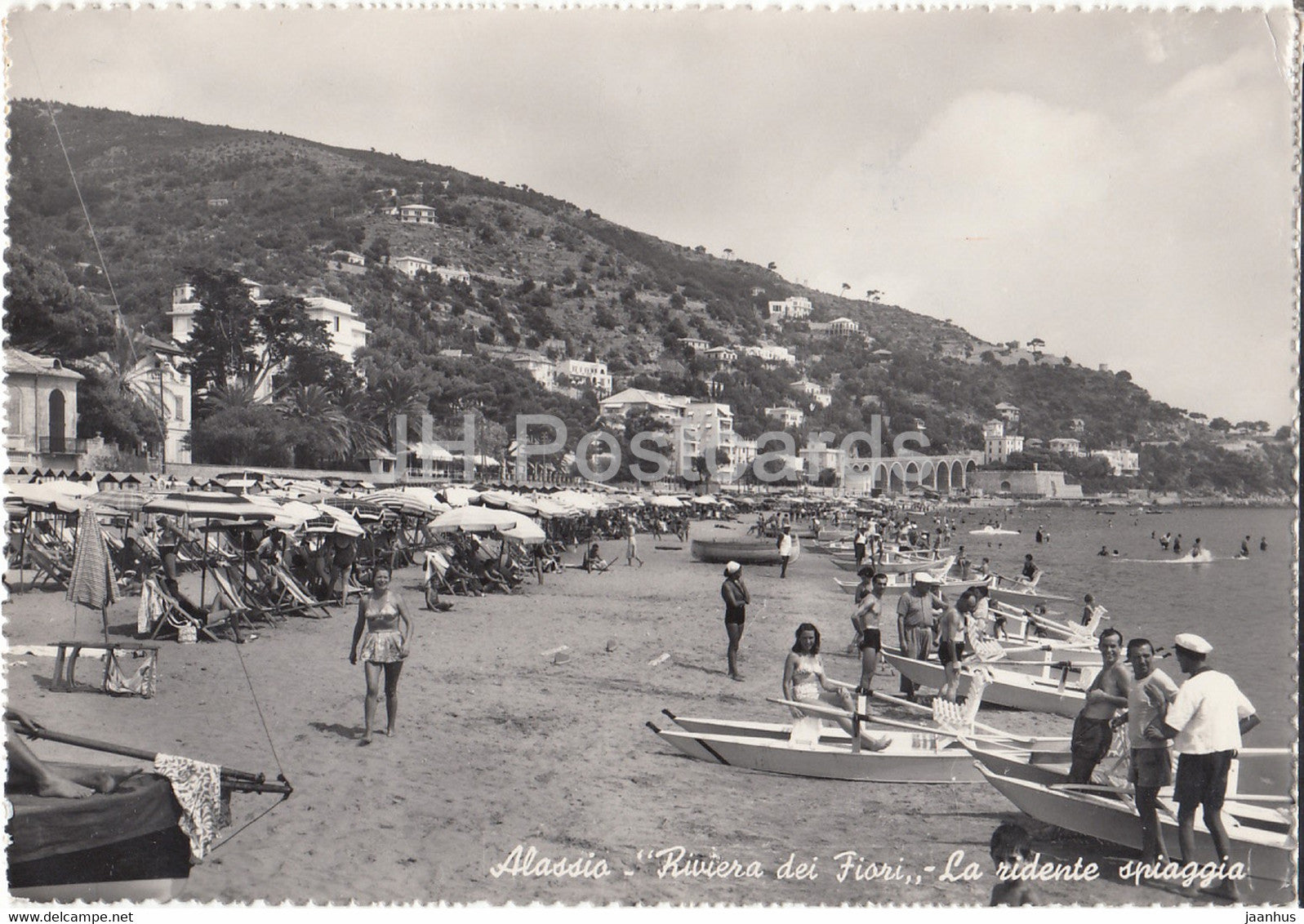 Alassio - Riviera dei Fiori - La ridente spiaggia - The Flower Shore - beach - boat - 1953 - old postcard - Italy - used - JH Postcards