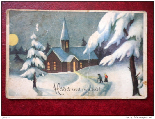 New Year Greeting Card - church - winter - moon - 1920s-1930s - Estonia - used - JH Postcards