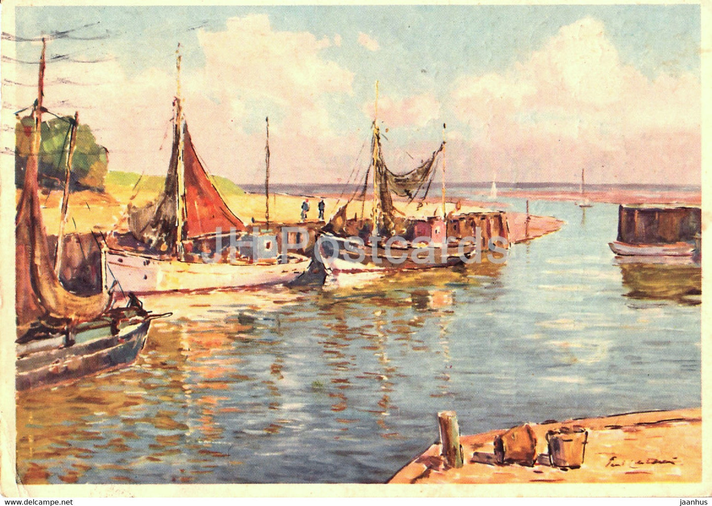 painting by Paul Ernst Wilke - Im Kunstenhafen - sailing boat - Eduscho - German art - 1966 - Germany - used - JH Postcards