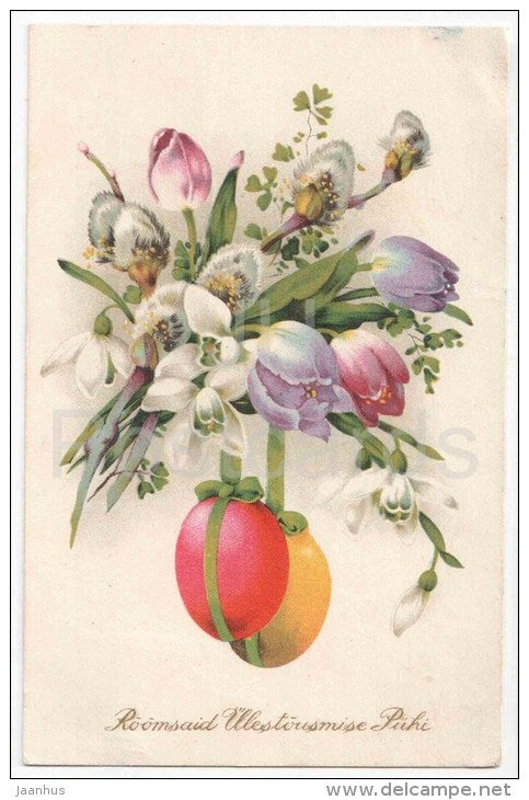 Easter Greeting Card - eggs - tulips - flowers - snowdrop - old postcard - circulated in Estonia - JH Postcards